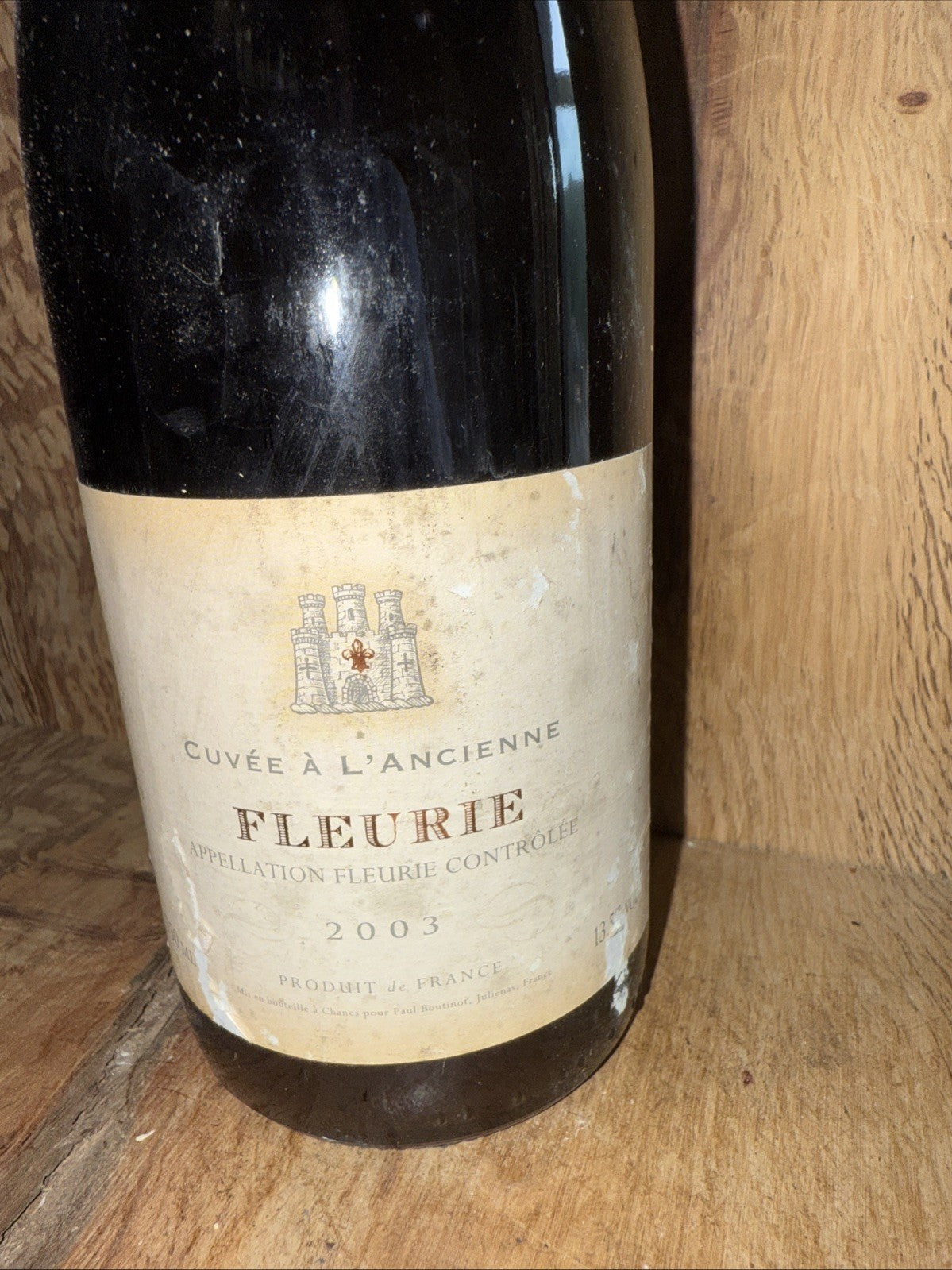 Fleurie 2003 2 bottles one label damaged