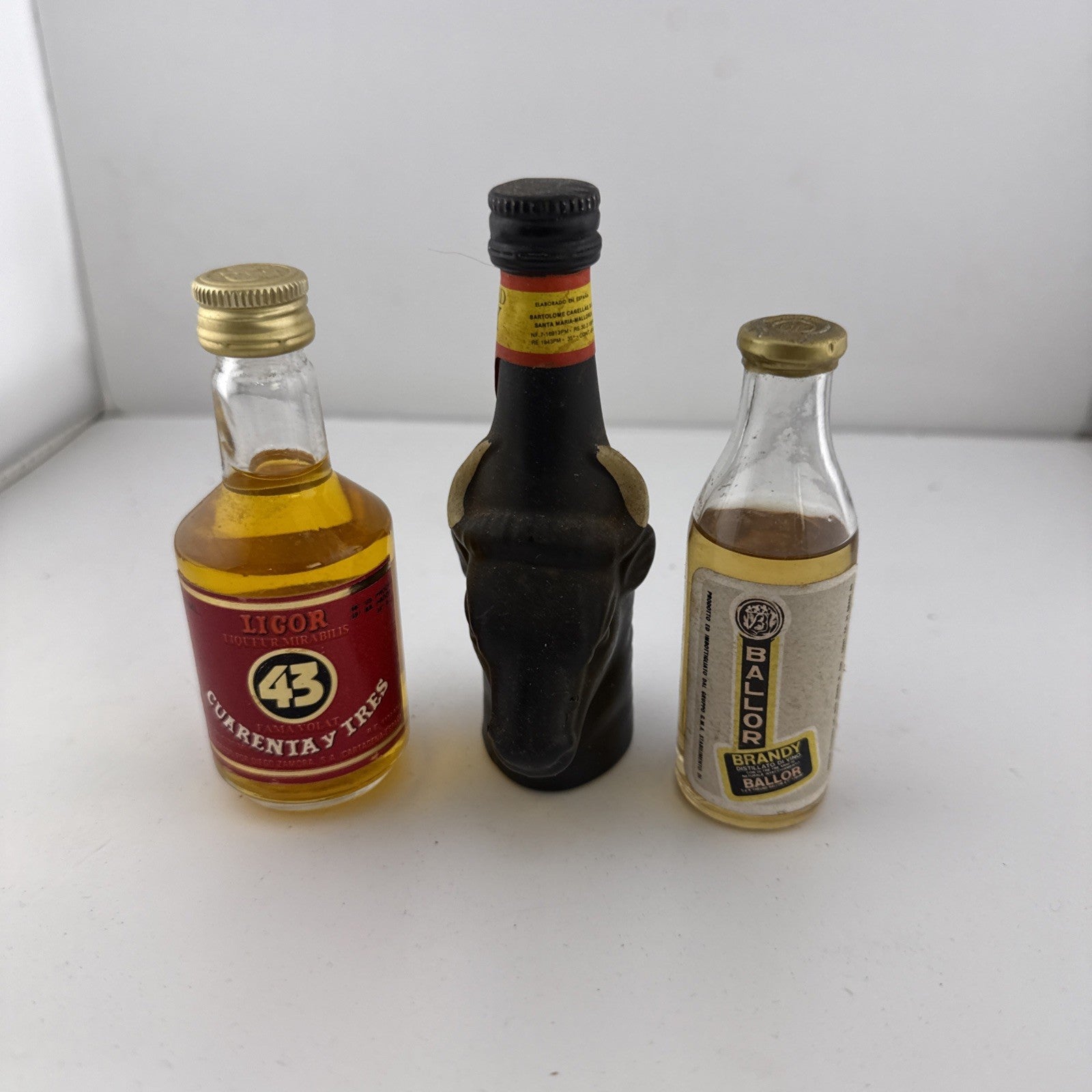 Vintage 1980s Licor 43 & Bull Head Brandy Miniatures Figural Bottle 5cl Set