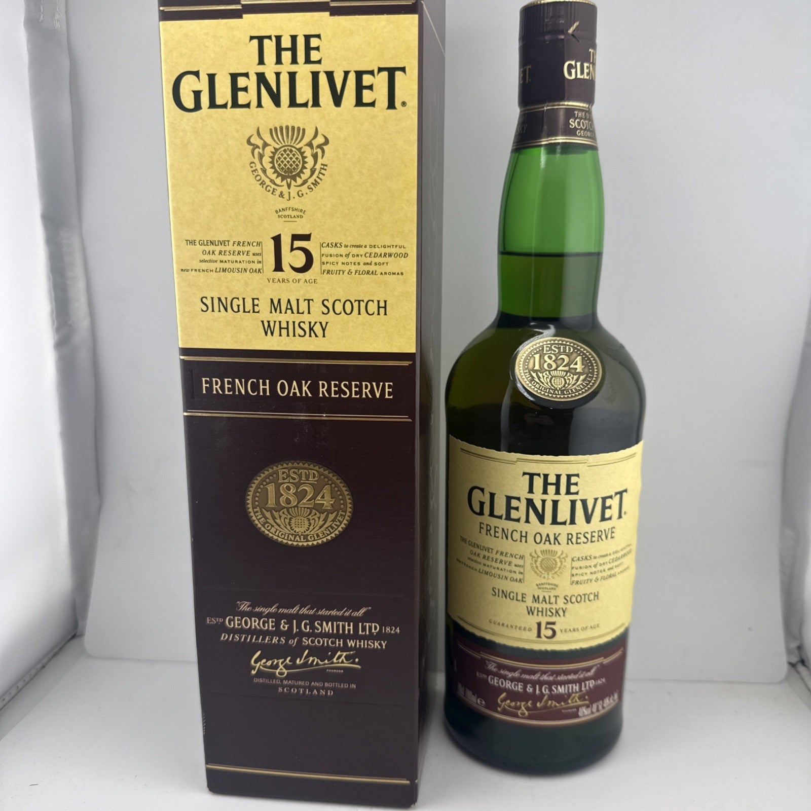 Glenlivet 15yo French Oak Reserve; mid-2000s legacy label and box style.