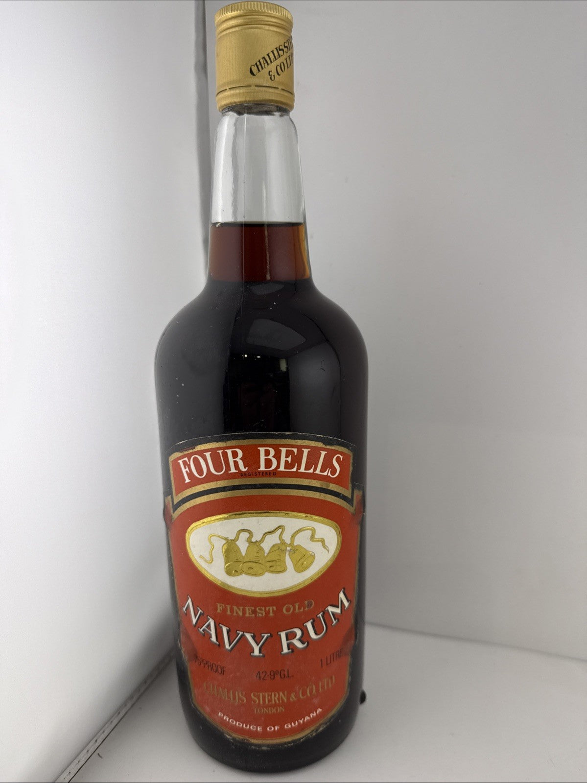 1970s Vintage Four Bells Finest Old Navy Rum 1 Litre 79 Proof Guyana