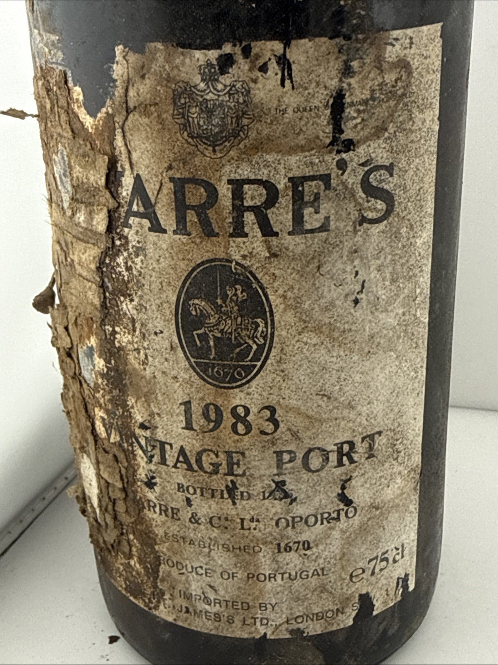 Warre’s 1983 Vintage Port, bottled 1985, sealed damaged label Good Level