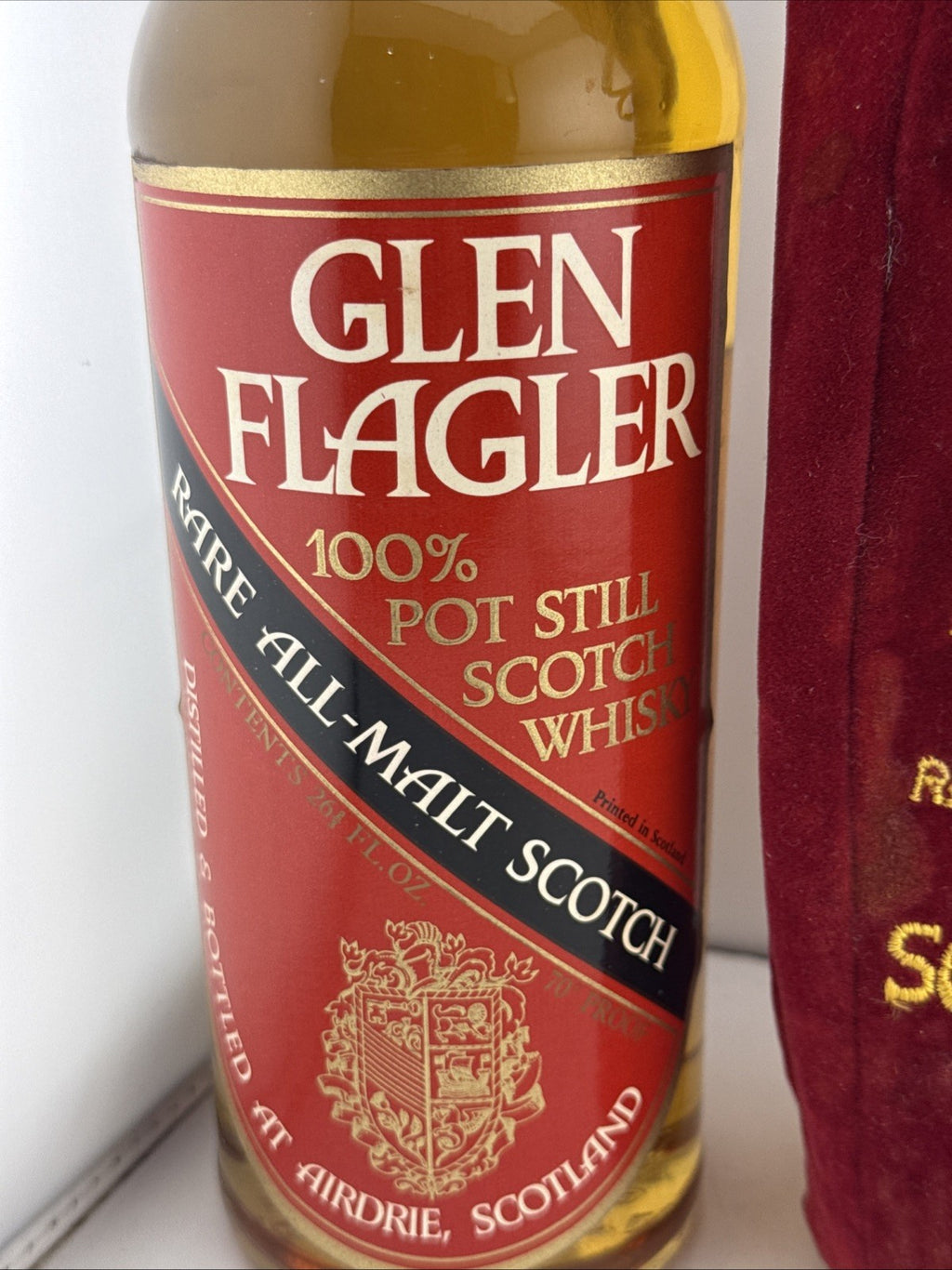 Rare 1970s Glen Flagler 8 Year Old, sealed with original velvet bag and tag.