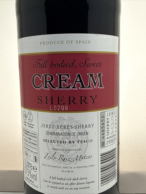 Tesco Cream Sherry — Zoilo Ruiz-Mateos. Jerez Spain. 1L 17.5%.