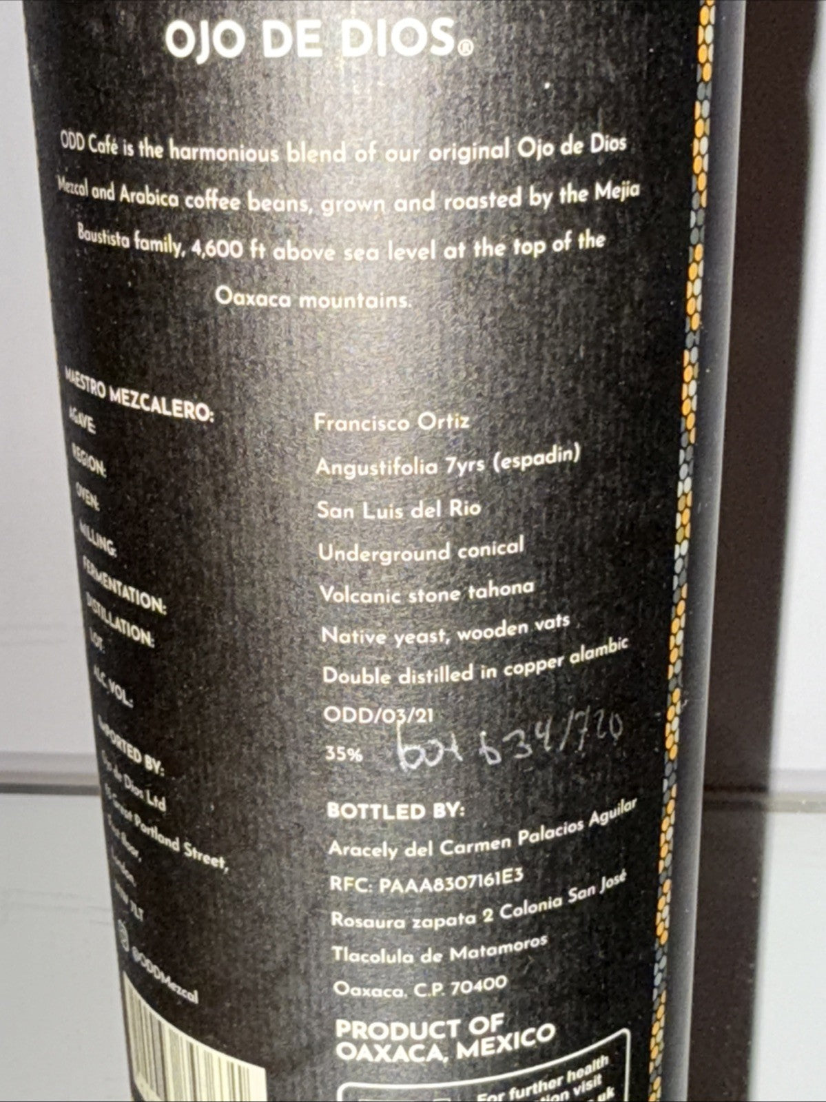 Ojo de Dios Mezcal Odd Café. 35% Abv 70cl