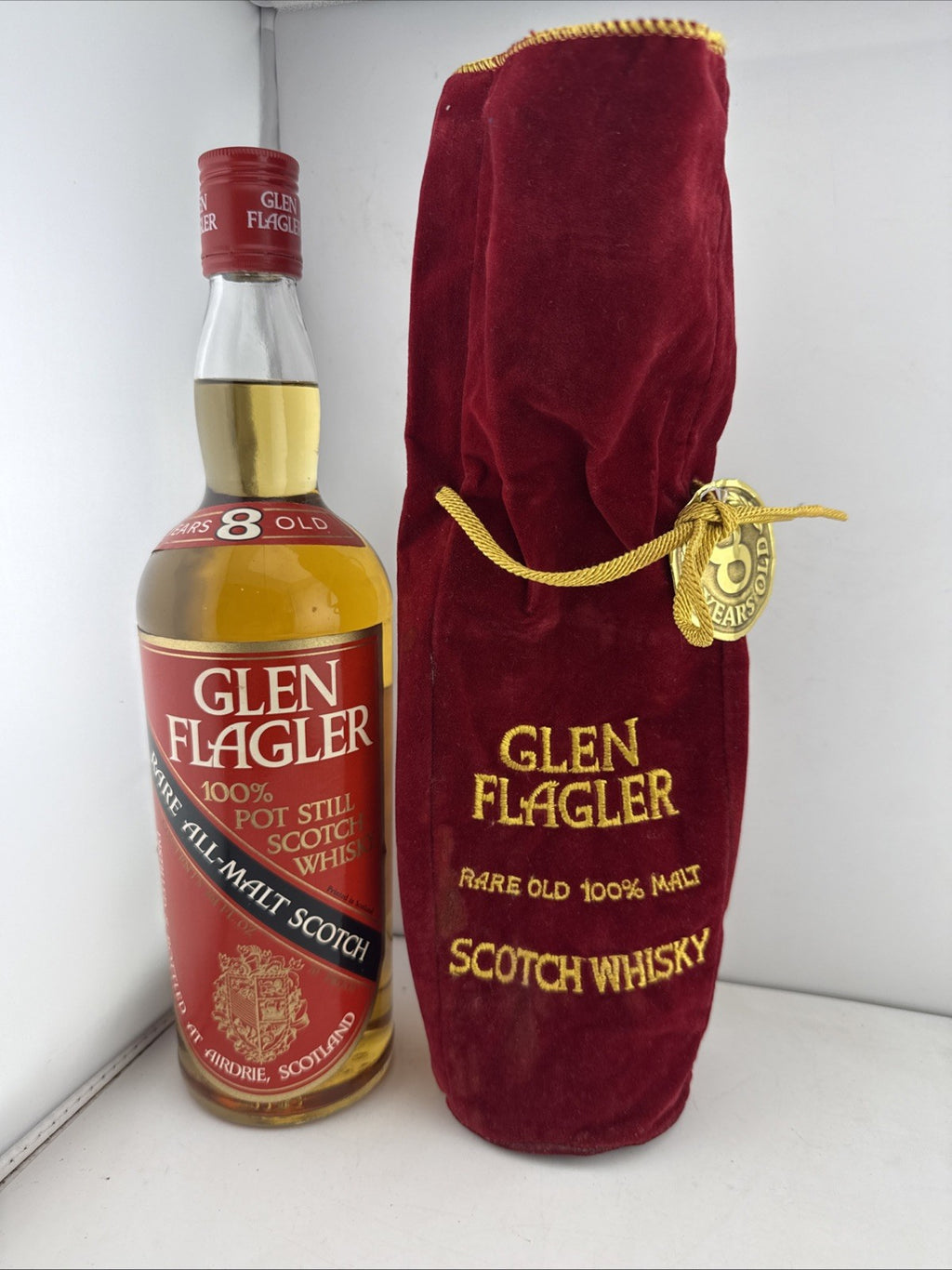 Rare 1970s Glen Flagler 8 Year Old, sealed with original velvet bag and tag.