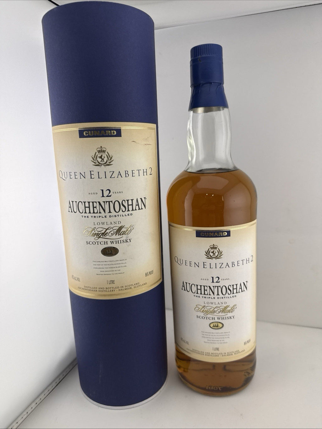 “Auchentoshan 12 Year Old QE2 Cunard 1L Single Malt Scotch Whisky Boxed”