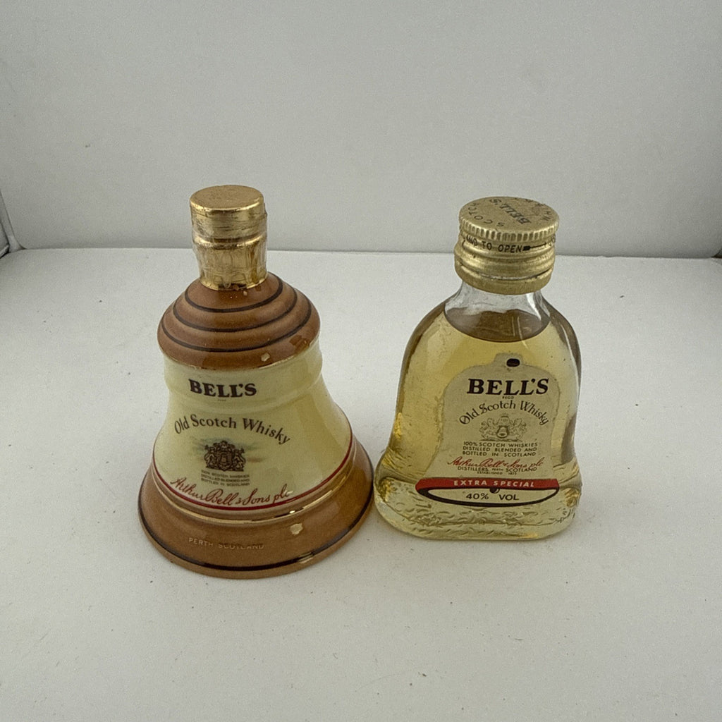 Vintage Bell’s Scotch Whisky Miniatures Pair Ceramic Bell & Glass 40%
