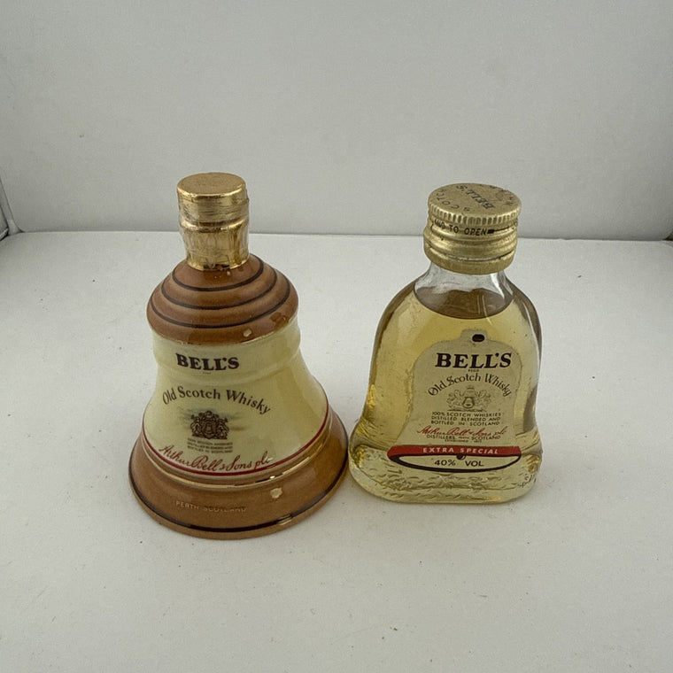 Vintage Bell’s Scotch Whisky Miniatures Pair Ceramic Bell & Glass 40%