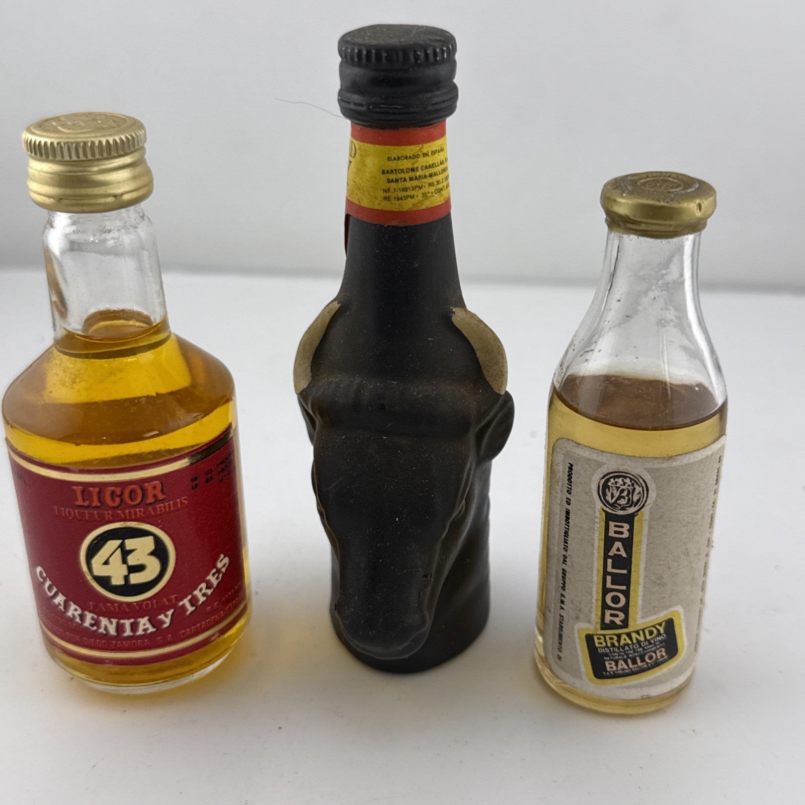 Vintage 1980s Licor 43 & Bull Head Brandy Miniatures Figural Bottle 5cl Set