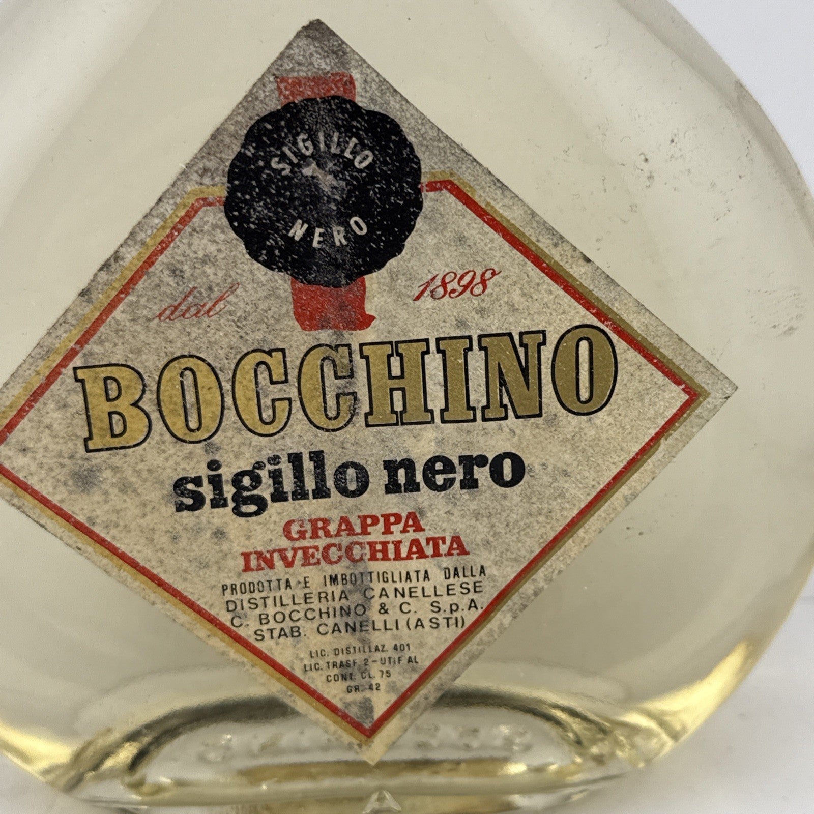 Bocchino Sigillo Nero Grappa 3/4 Litre 1970s Italy Vintage
