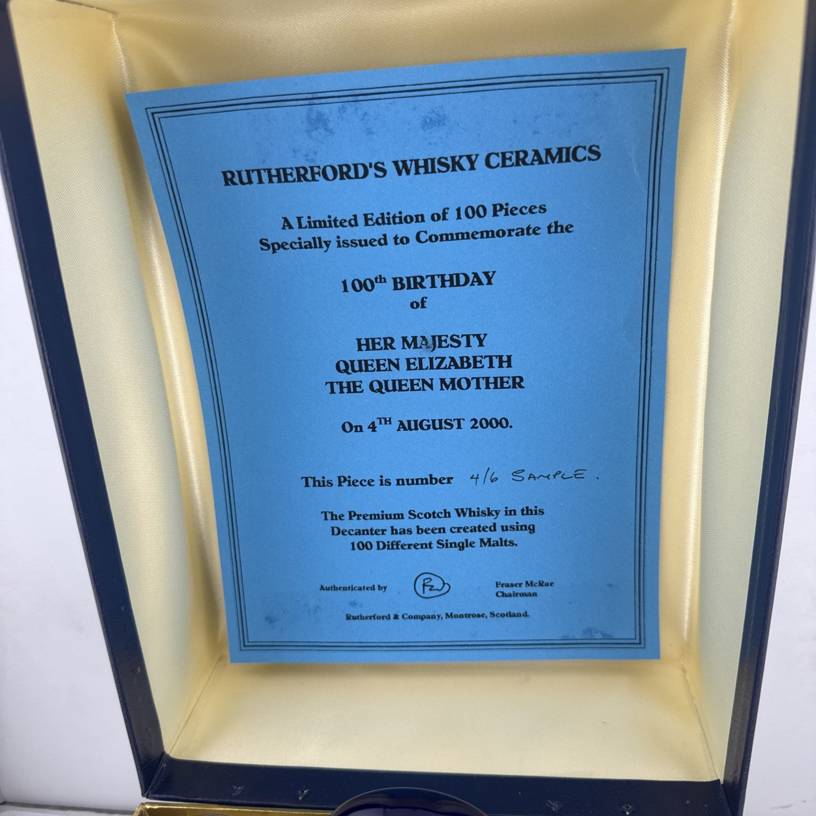 Rutherford’s Queen Mother 100 Malts Whisky Decanter 4/6 Sample Boxed 70cl