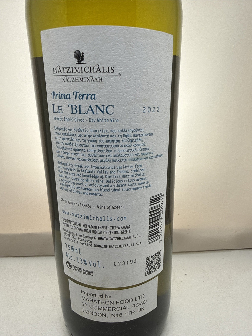 Hatzimichalis Prima Terra Le Blanc 2022. Central Greece PGI. 75cl 13%.