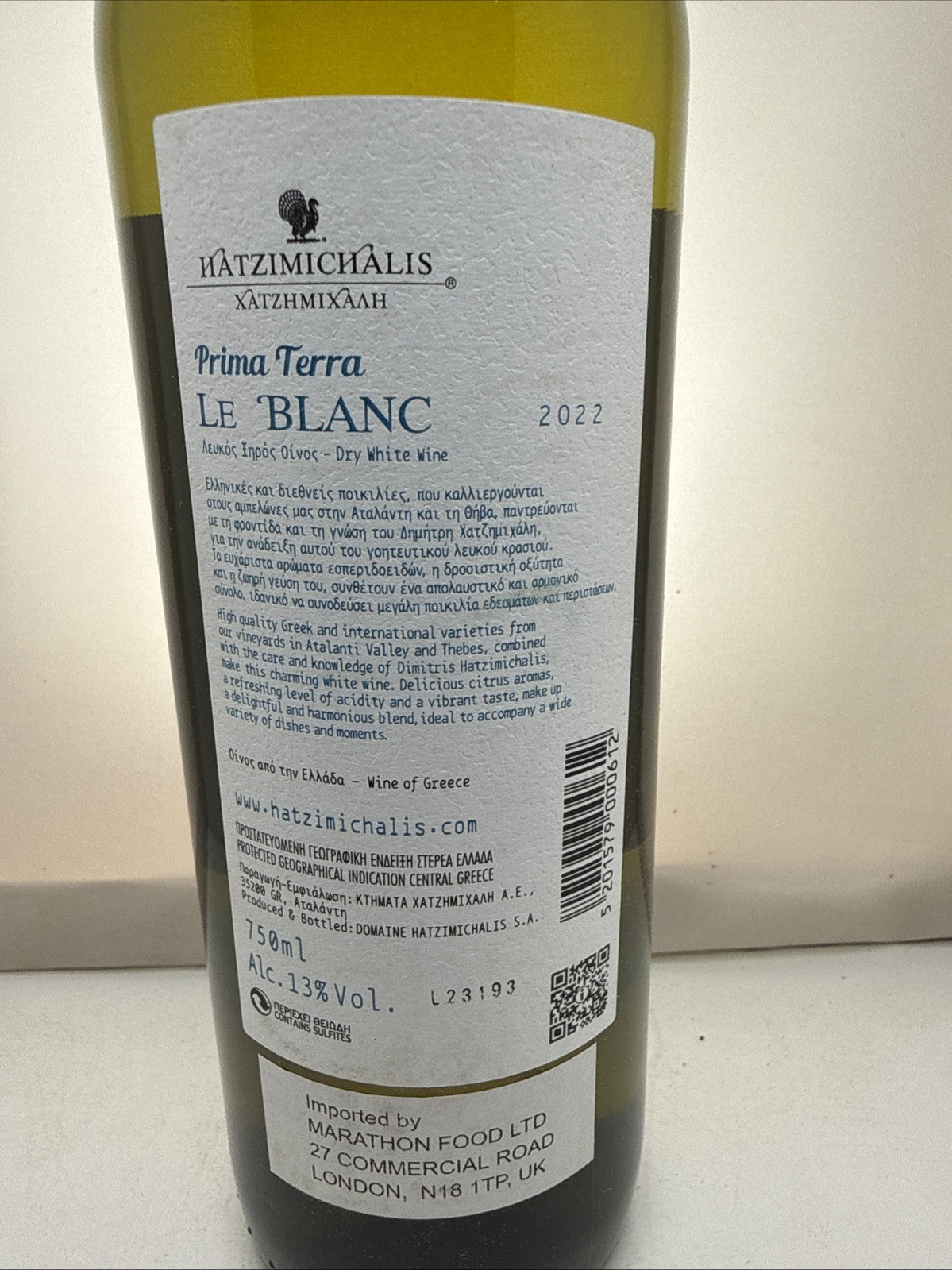 Hatzimichalis Prima Terra Le Blanc 2022. Central Greece PGI. 75cl 13%.