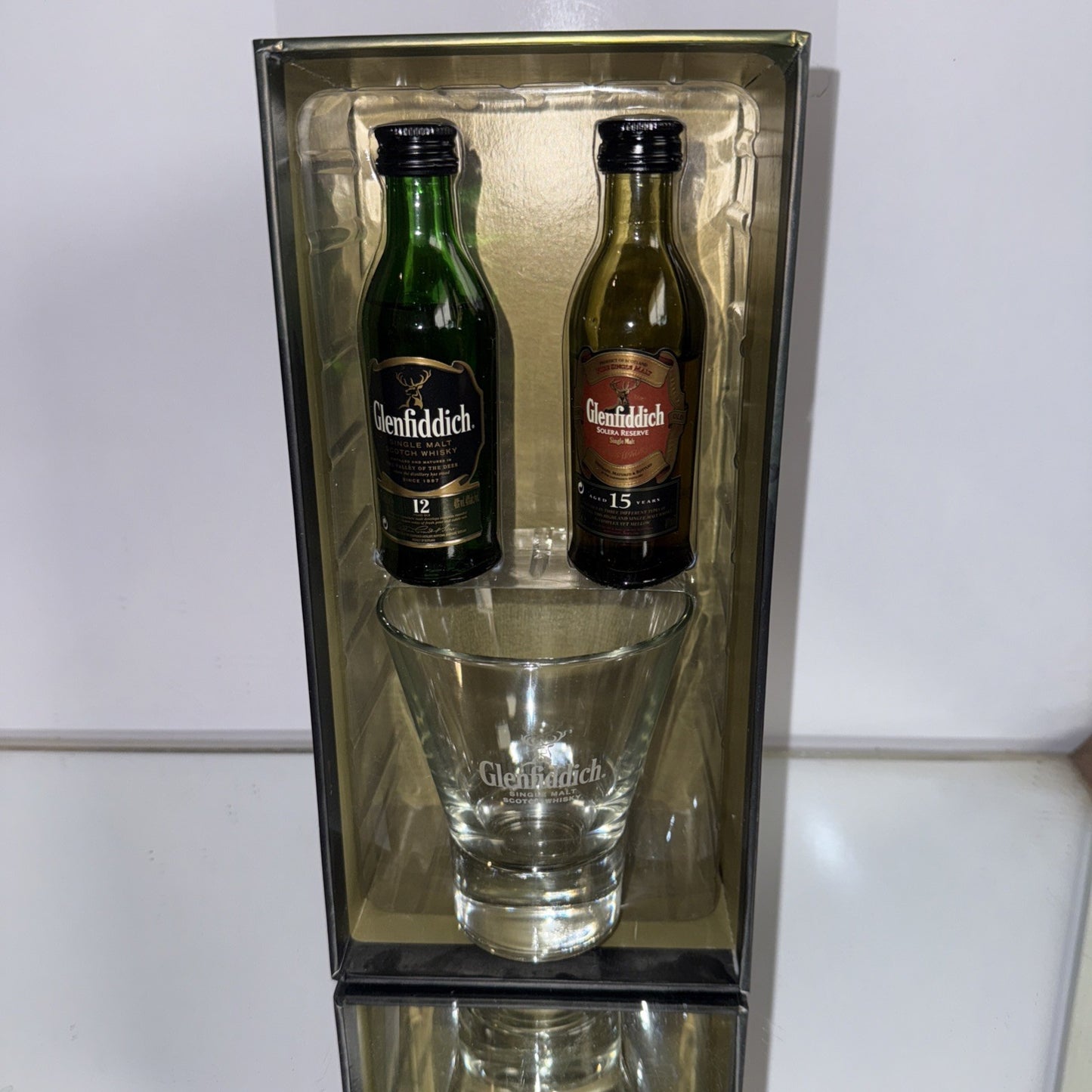 Glenfiddich 12, 15 , Year Old Single malt Miniatures With Glass  Boxed Gift Set