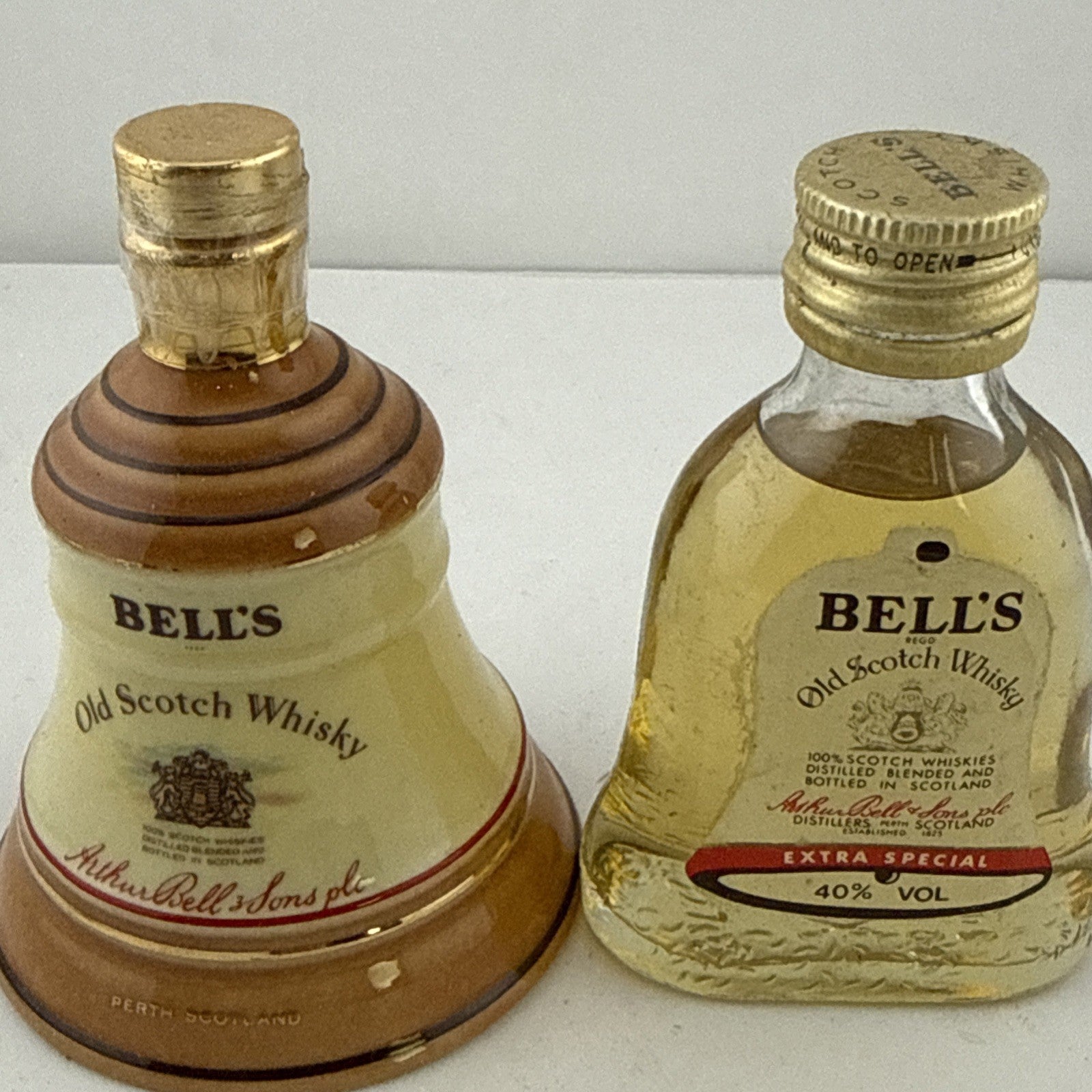Vintage Bell’s Scotch Whisky Miniatures Pair Ceramic Bell & Glass 40%