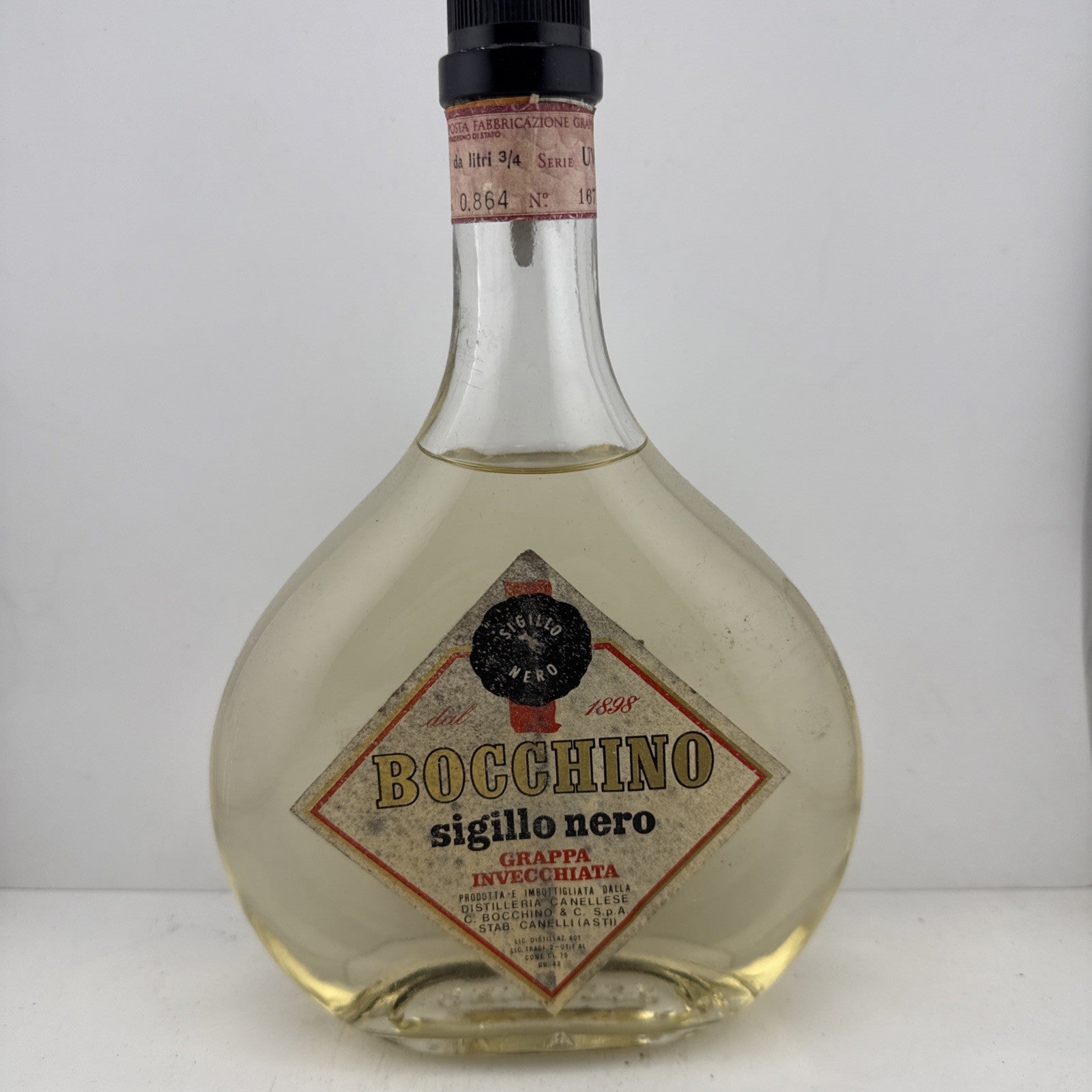 Bocchino Sigillo Nero Grappa 3/4 Litre 1970s Italy Vintage