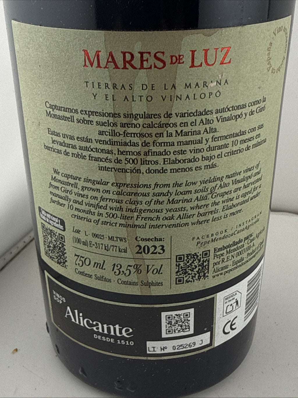 Pepe Mendoza Mares de Luz B 2023 Alicante Monastrell Giró Red Wine 750ml