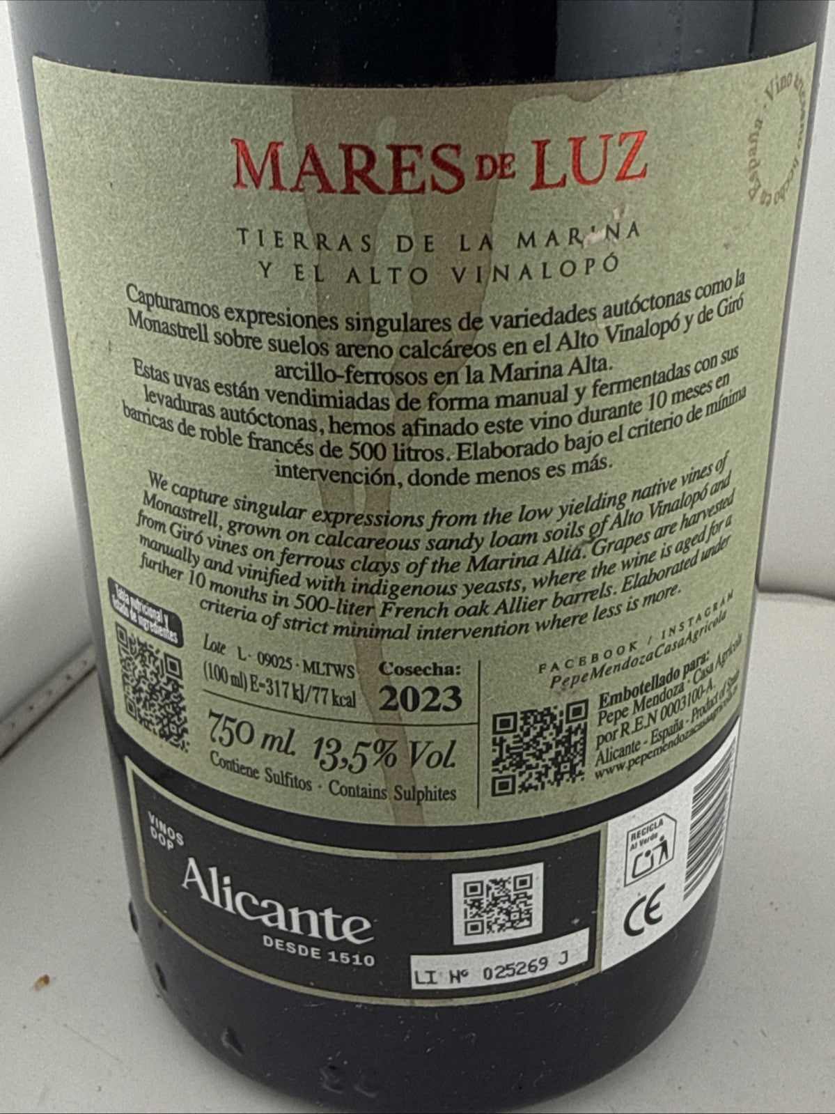 Pepe Mendoza Mares de Luz B 2023 Alicante Monastrell Giró Red Wine 750ml