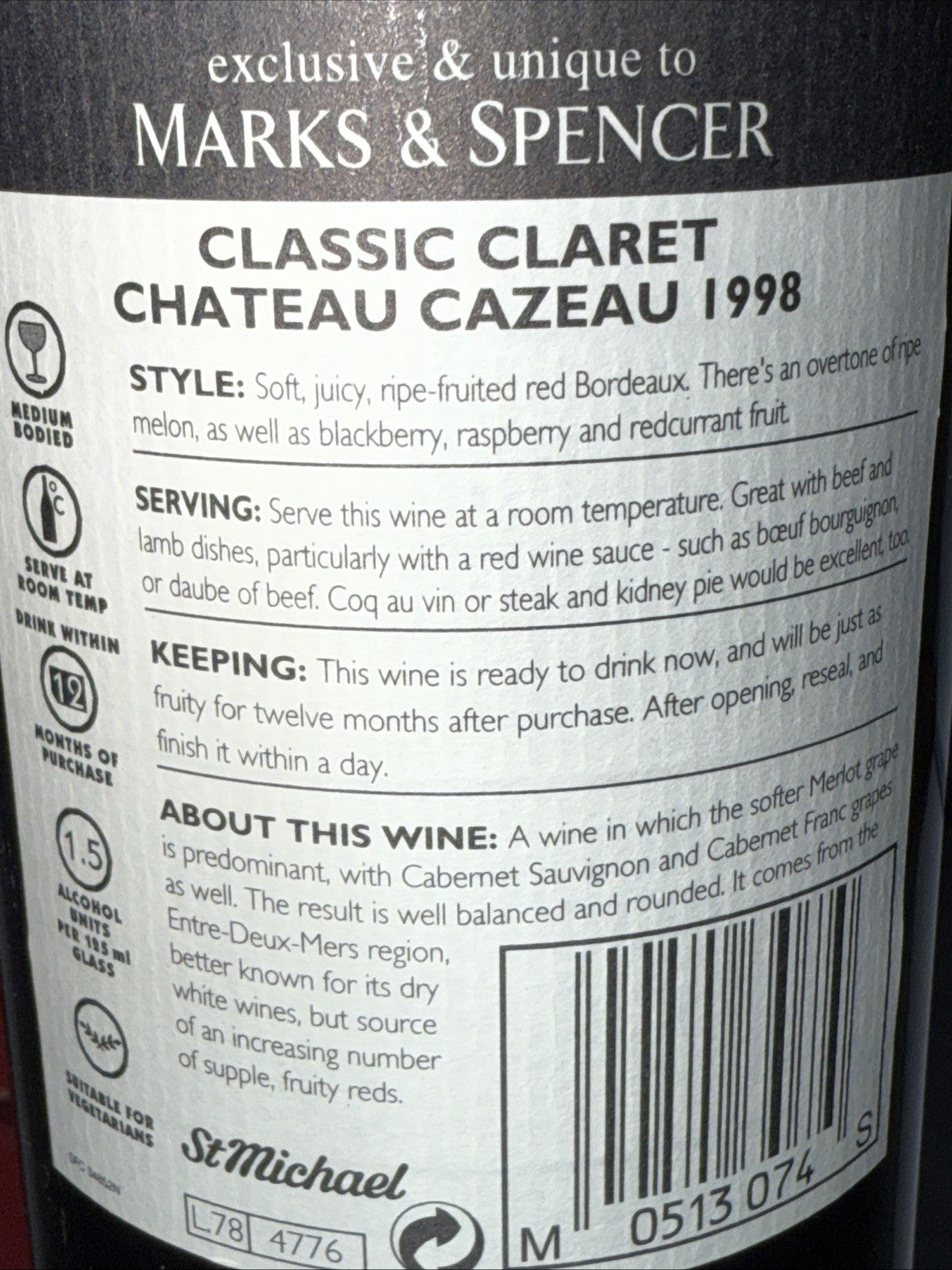 (750 ml) bottle of M&S Classic Château Cazéau Claret 1998