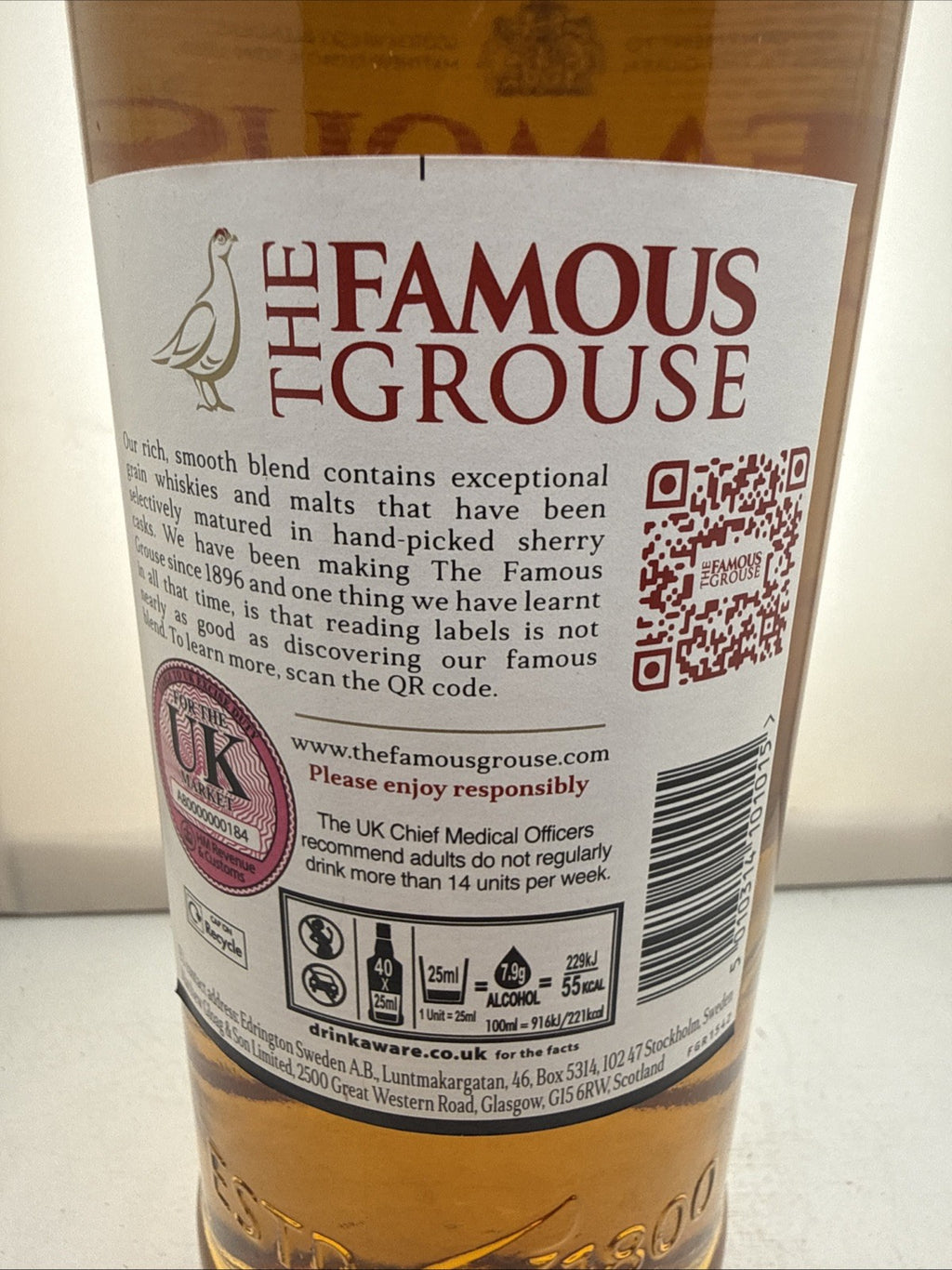 The Famous Grouse 1L Bottle Gold Writing To Cap Pre 2020