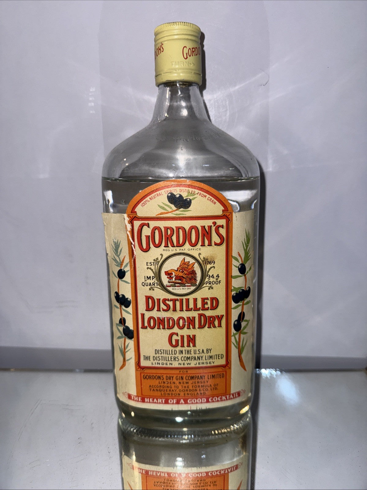 vintage Gordon’s Distilled London Dry Gin USA Quart Bottle From 1970s