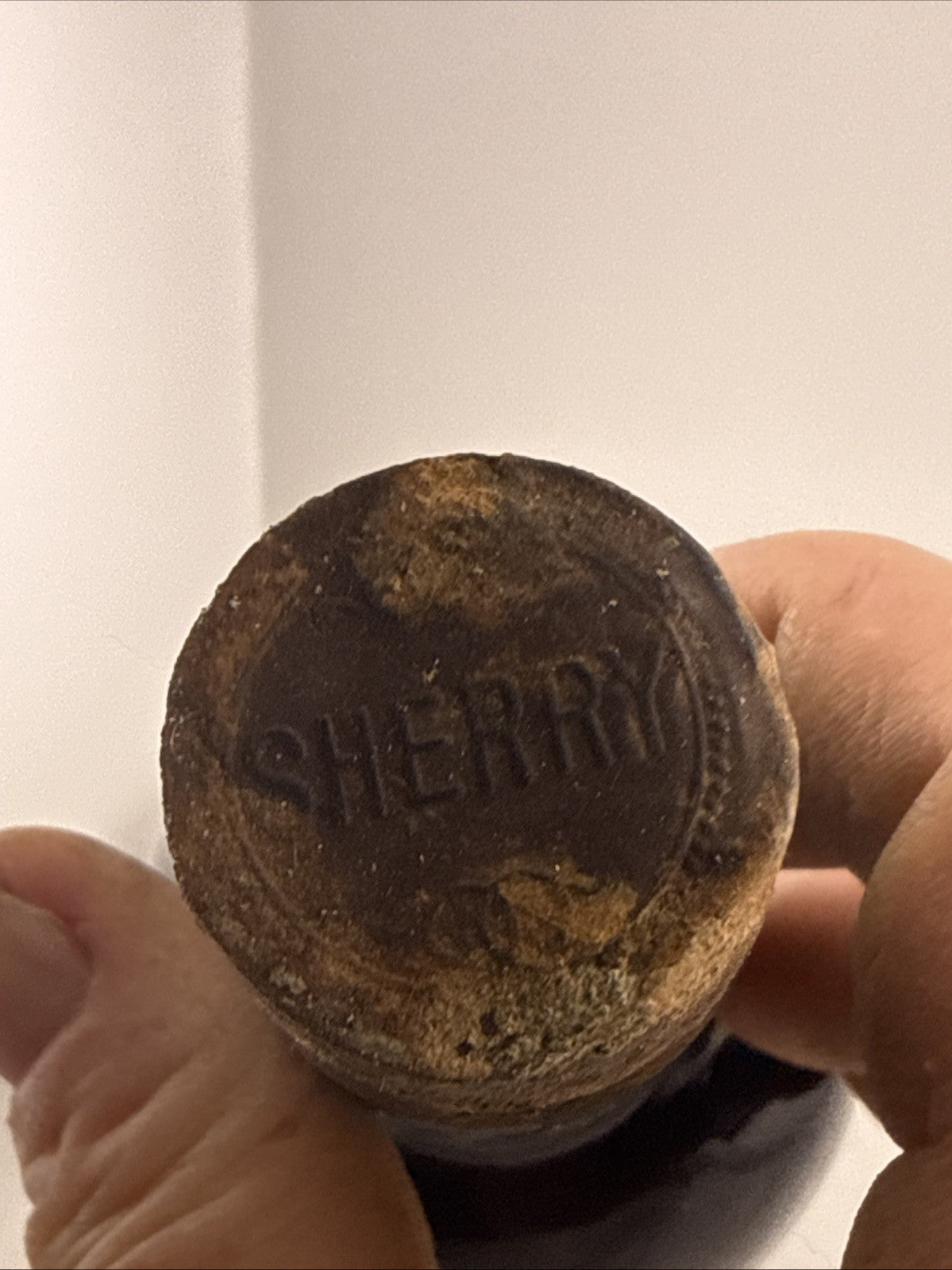 Antique c1900 Sherry Bottle Wax Seal Cork Stamped SHERRY Hand Blown Likely Good!