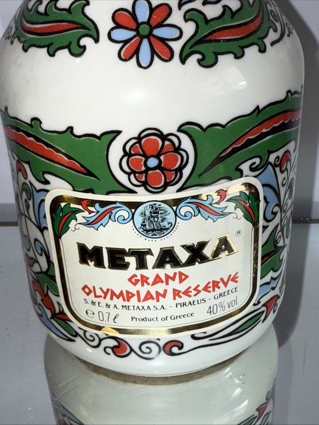 ceramic decanter of Metaxa Grand Olympian Reserve (70cl, 40% ABV) Vintage 1988