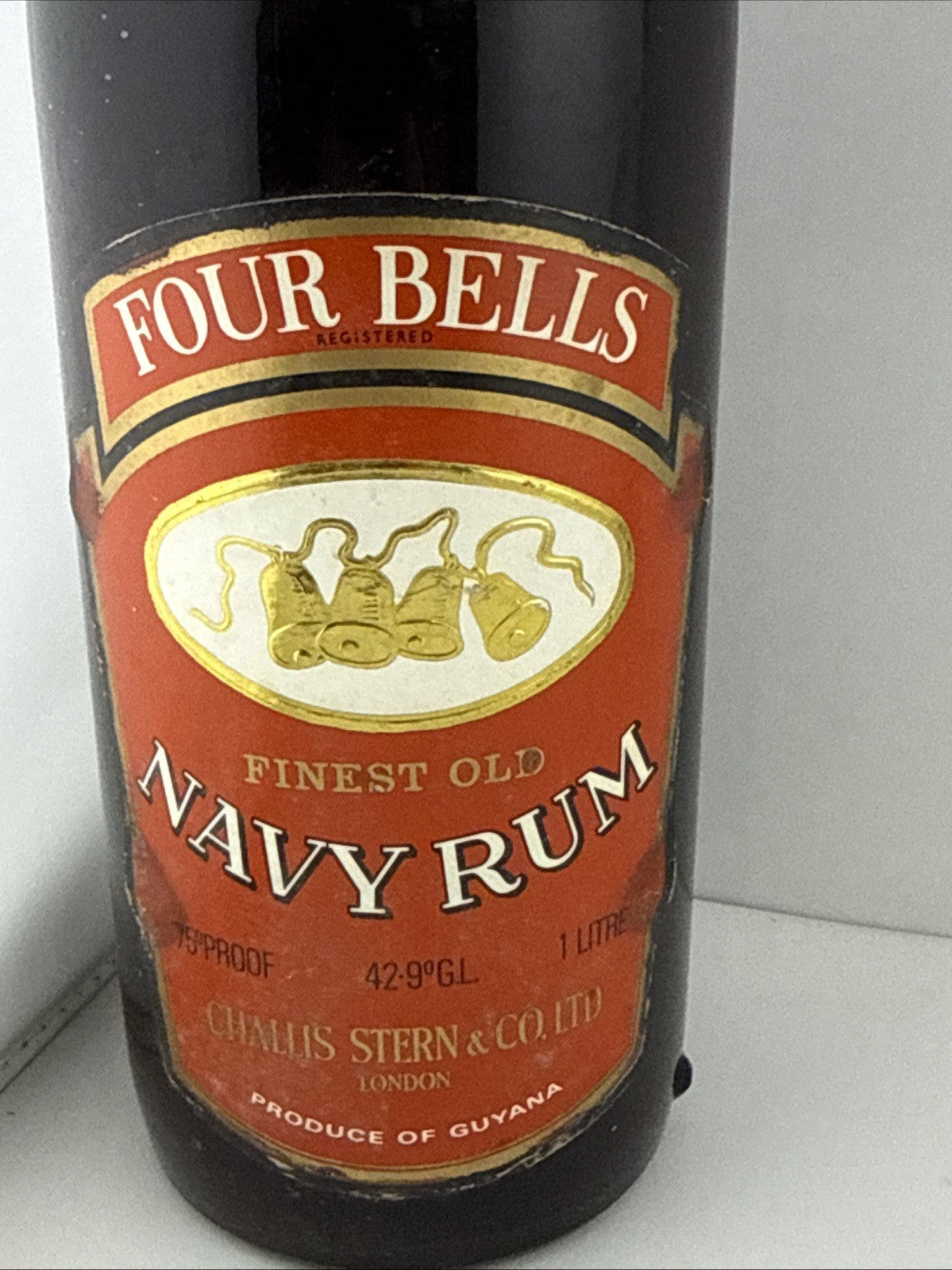 1970s Vintage Four Bells Finest Old Navy Rum 1 Litre 79 Proof Guyana