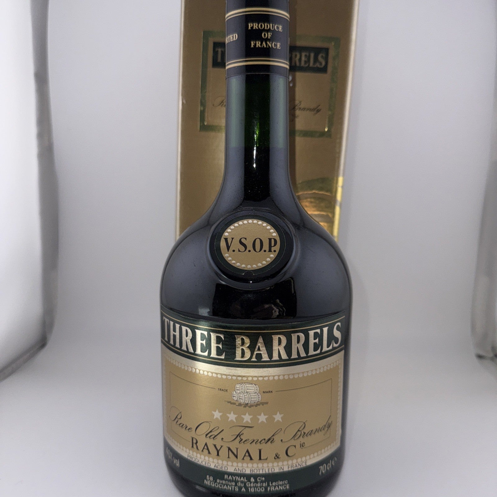 Three Barrels VSOP Cognac Estimated Bottled Late 1980s Boxed