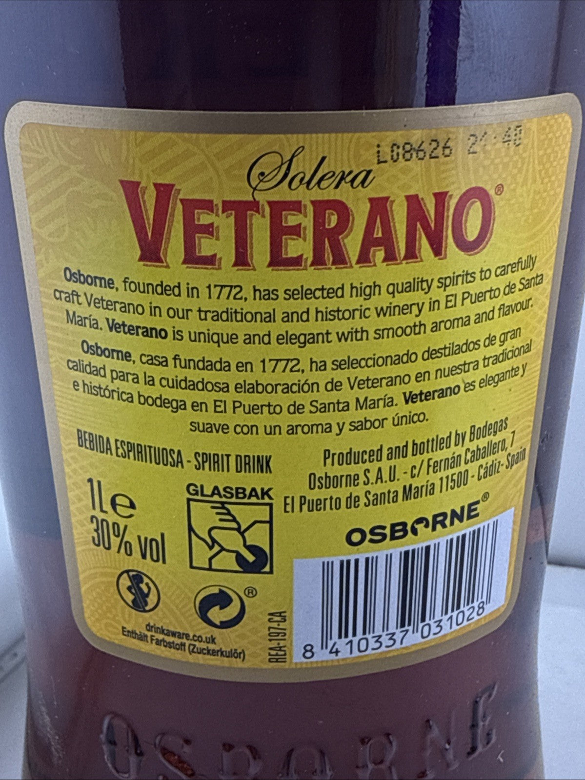 Osborne Solera Veterano 1L 30% Spanish Spirit Drink Brandy Style