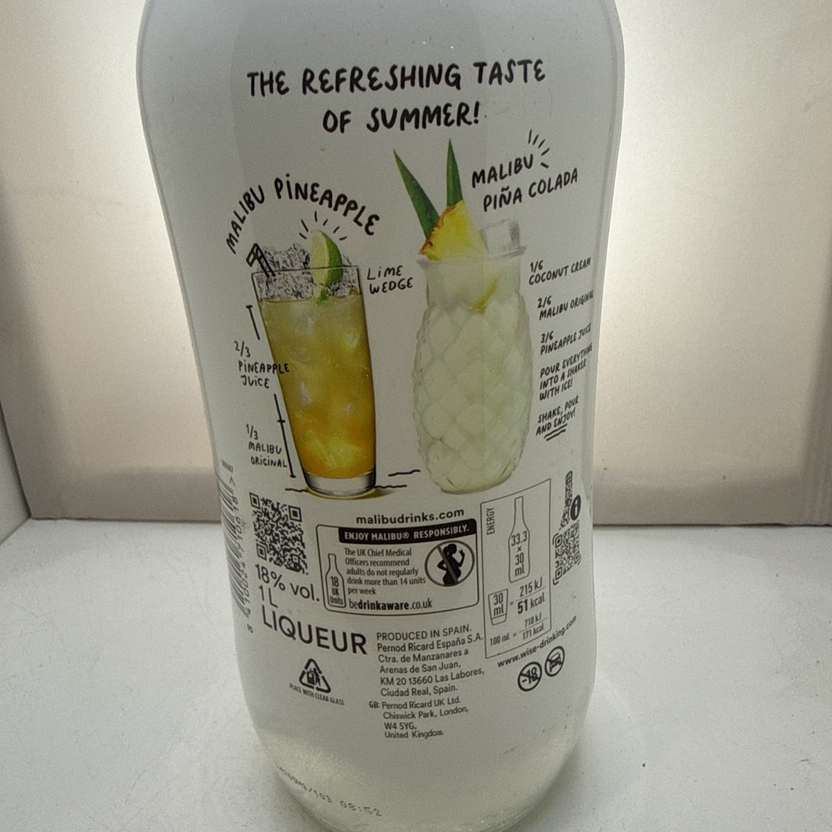 Malibu Original Coconut Rum Liqueur — 1L 18% — Tropical Sweet — Cocktail Ready