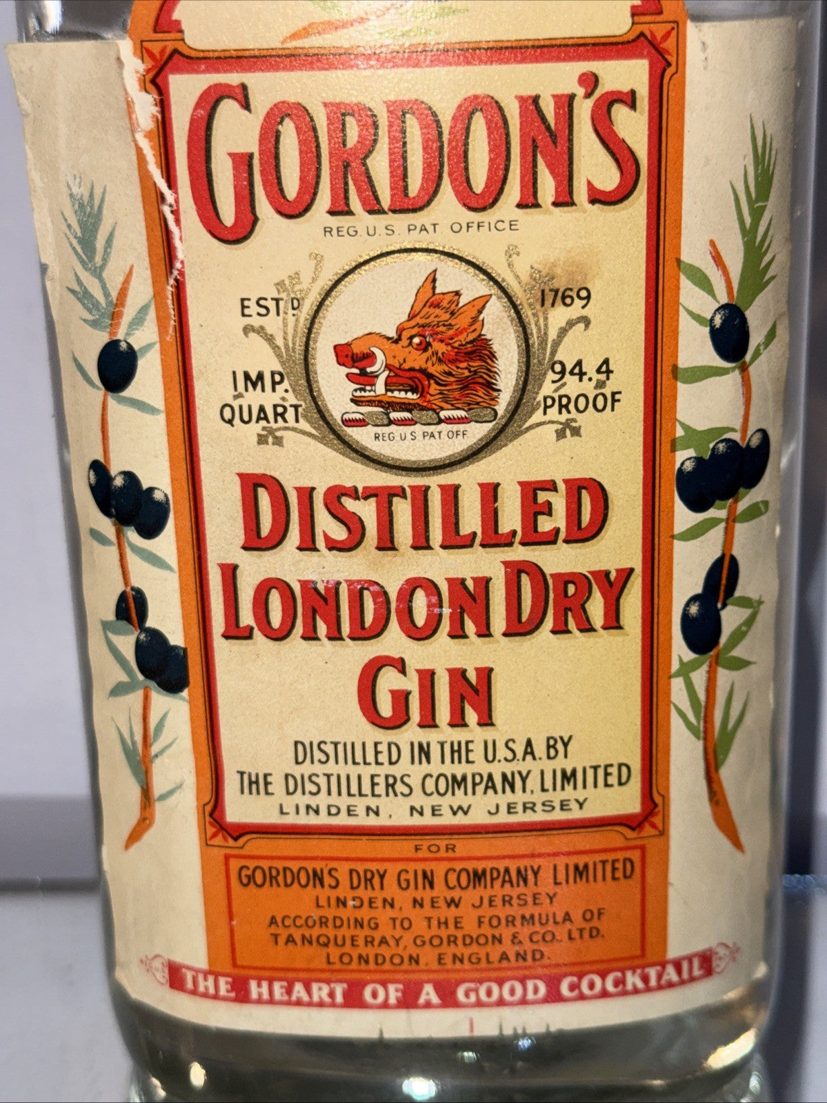 vintage Gordon’s Distilled London Dry Gin USA Quart Bottle From 1970s