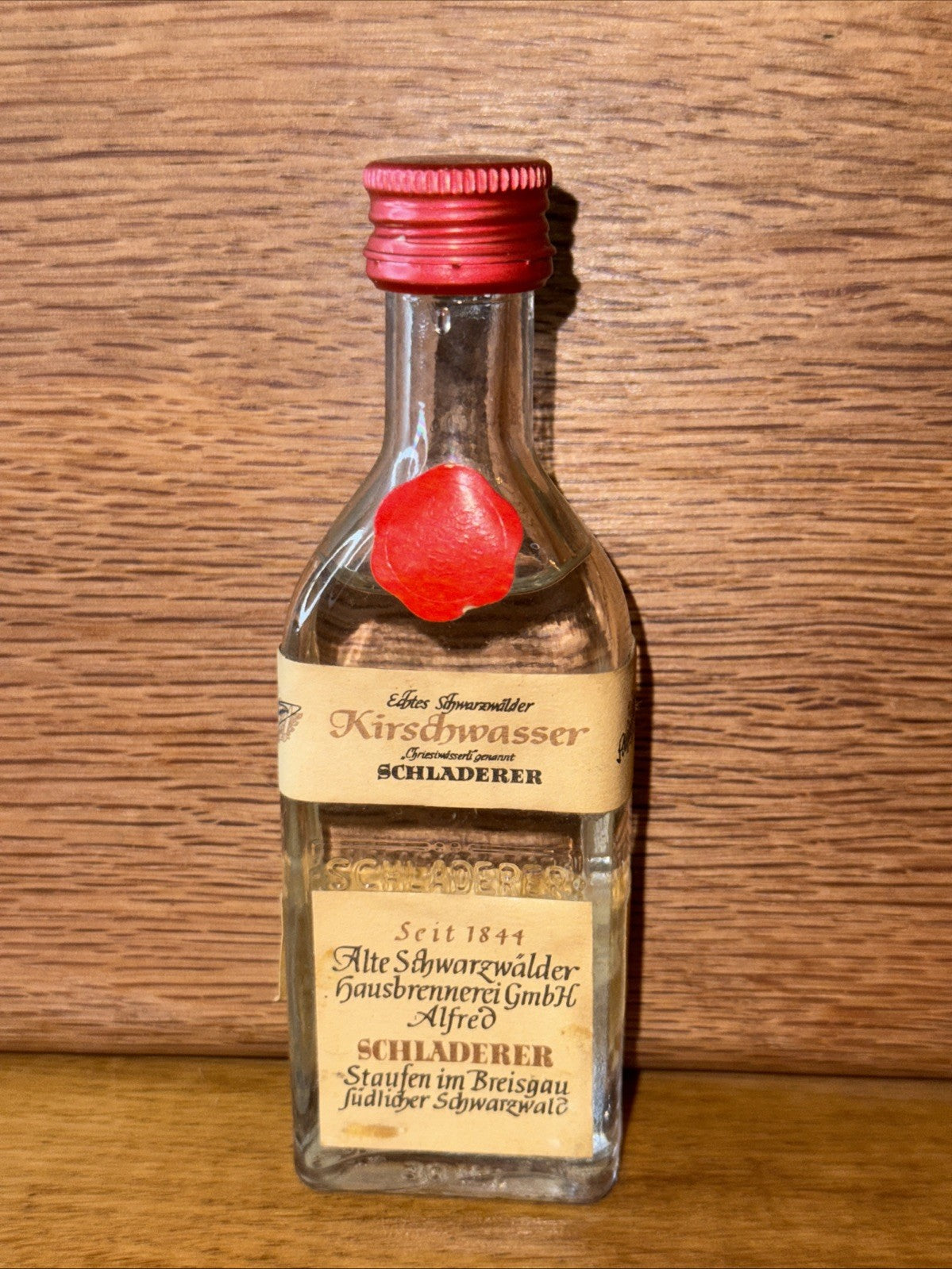 Schladerer Kirschwasser, a German cherry brandy (eau-de-vie). Miniature