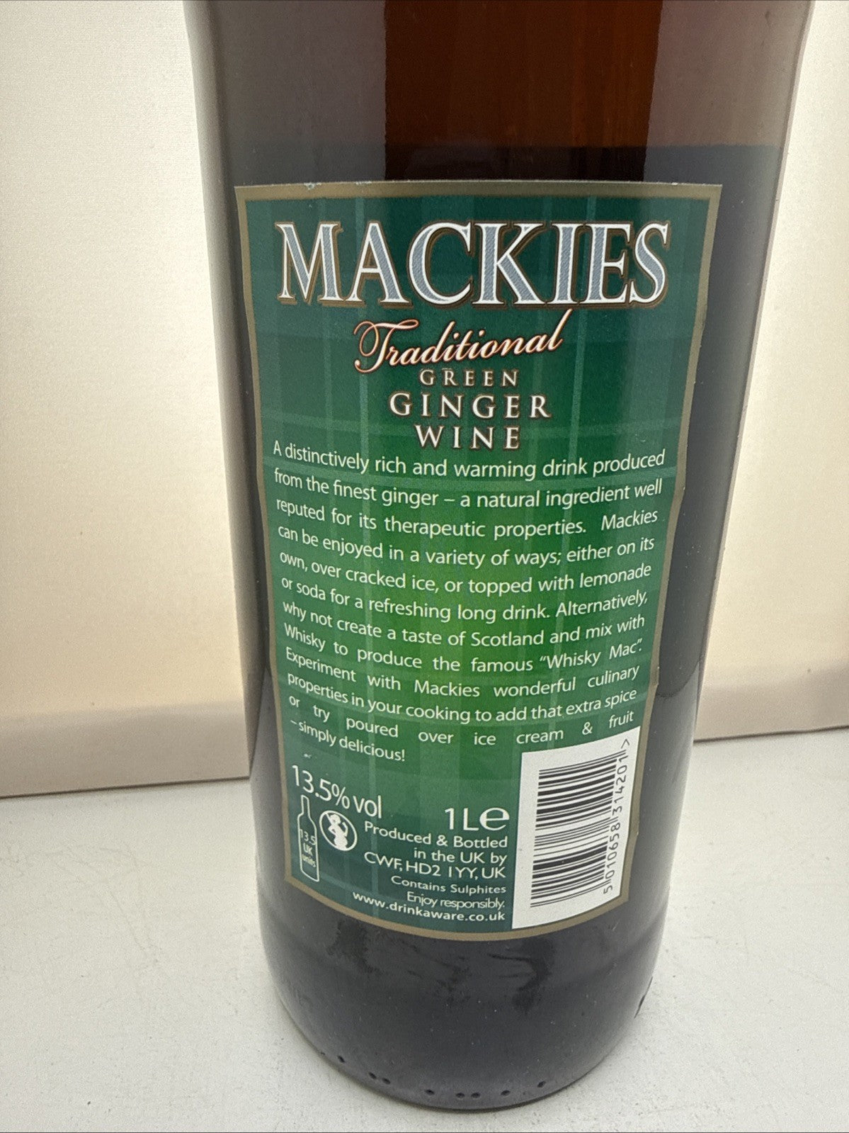 Mackies Traditional Green Ginger Wine 1 Litre — Extra Large Bottle — Spiced