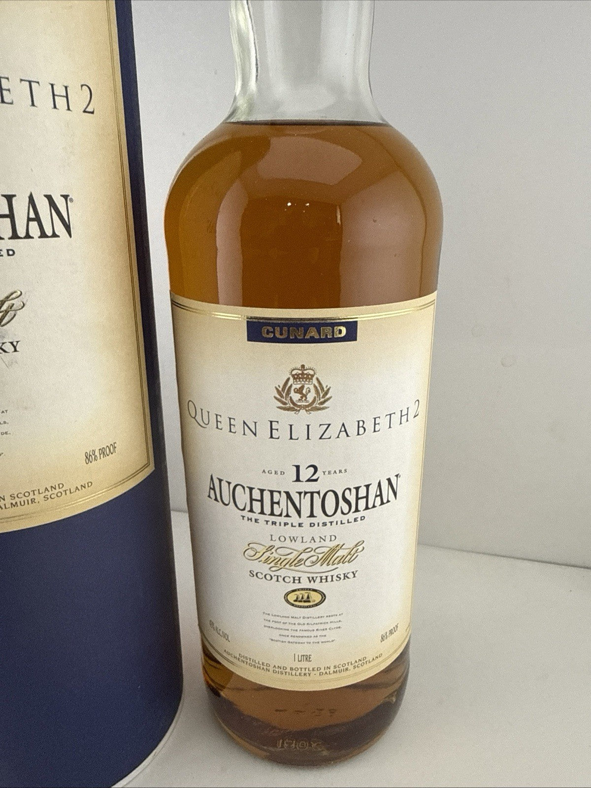 “Auchentoshan 12 Year Old QE2 Cunard 1L Single Malt Scotch Whisky Boxed”