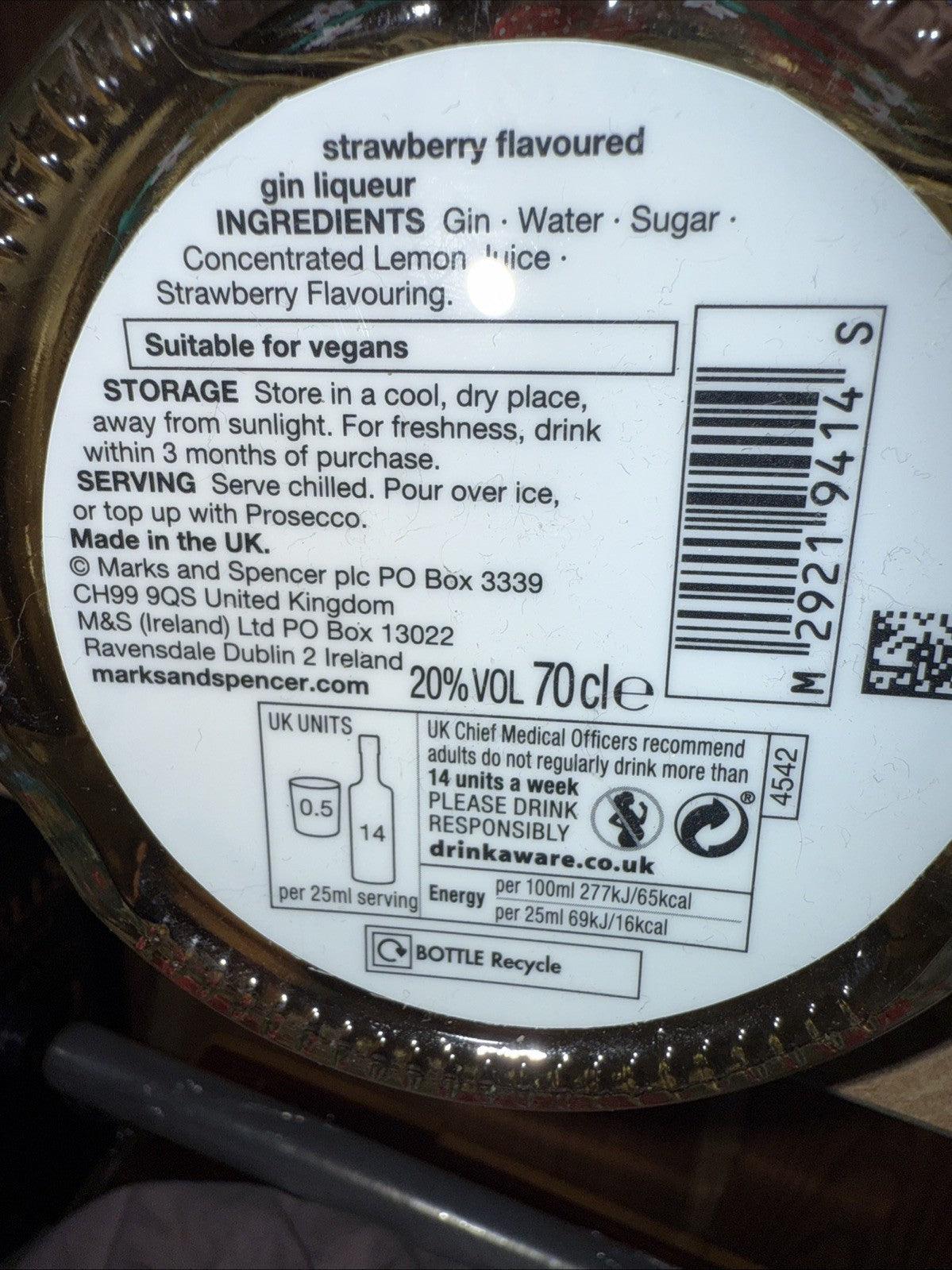M And S Strwaberry Gin Liqueur 20% 70 Cl