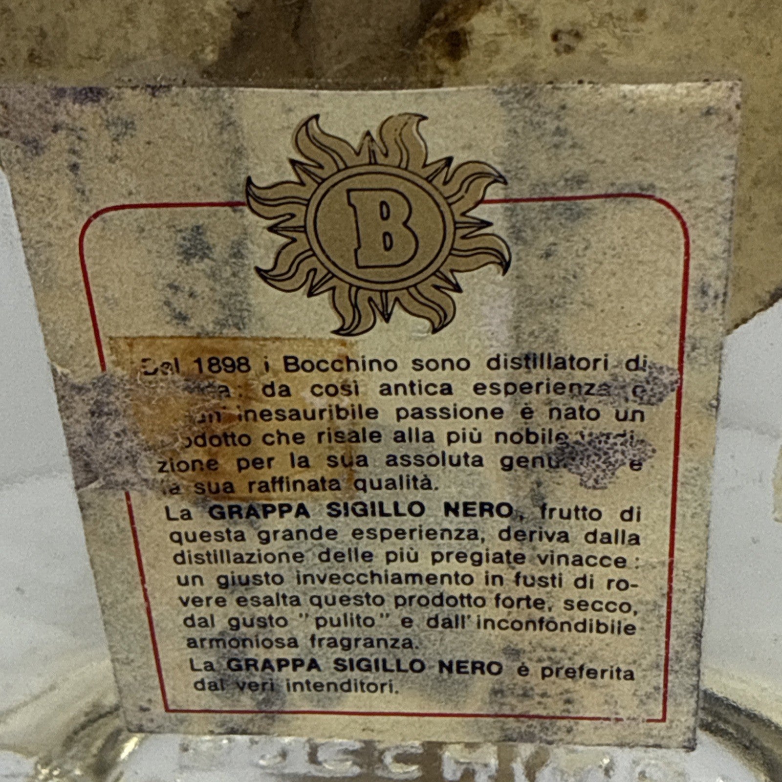 Bocchino Sigillo Nero Grappa 3/4 Litre 1970s Italy Vintage