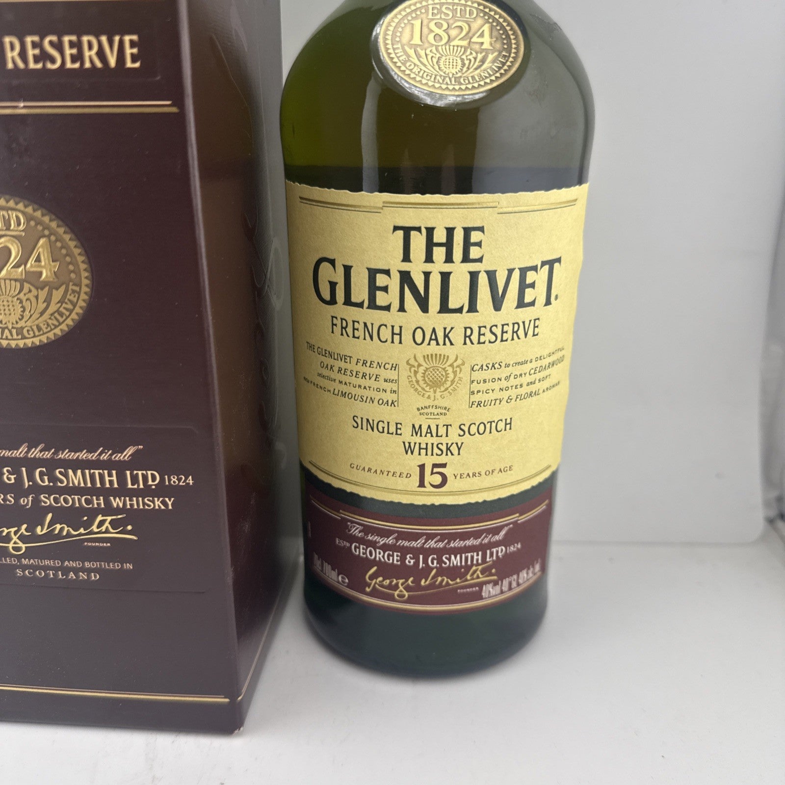 Glenlivet 15yo French Oak Reserve; mid-2000s legacy label and box style.