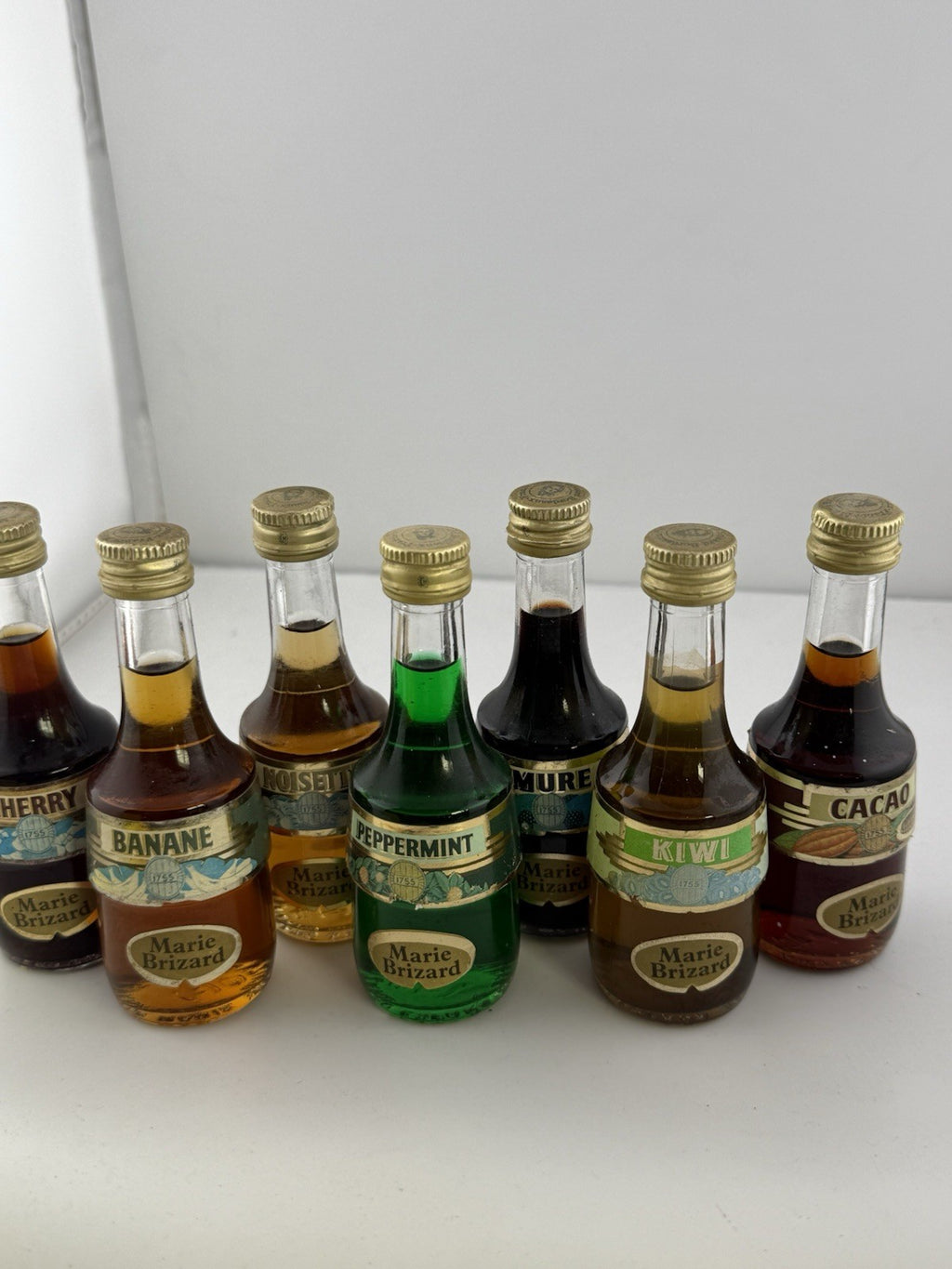 Vintage Marie Brizard Liqueur Miniatures Set x7 Banane Peppermint Kiwi Cacao Etc